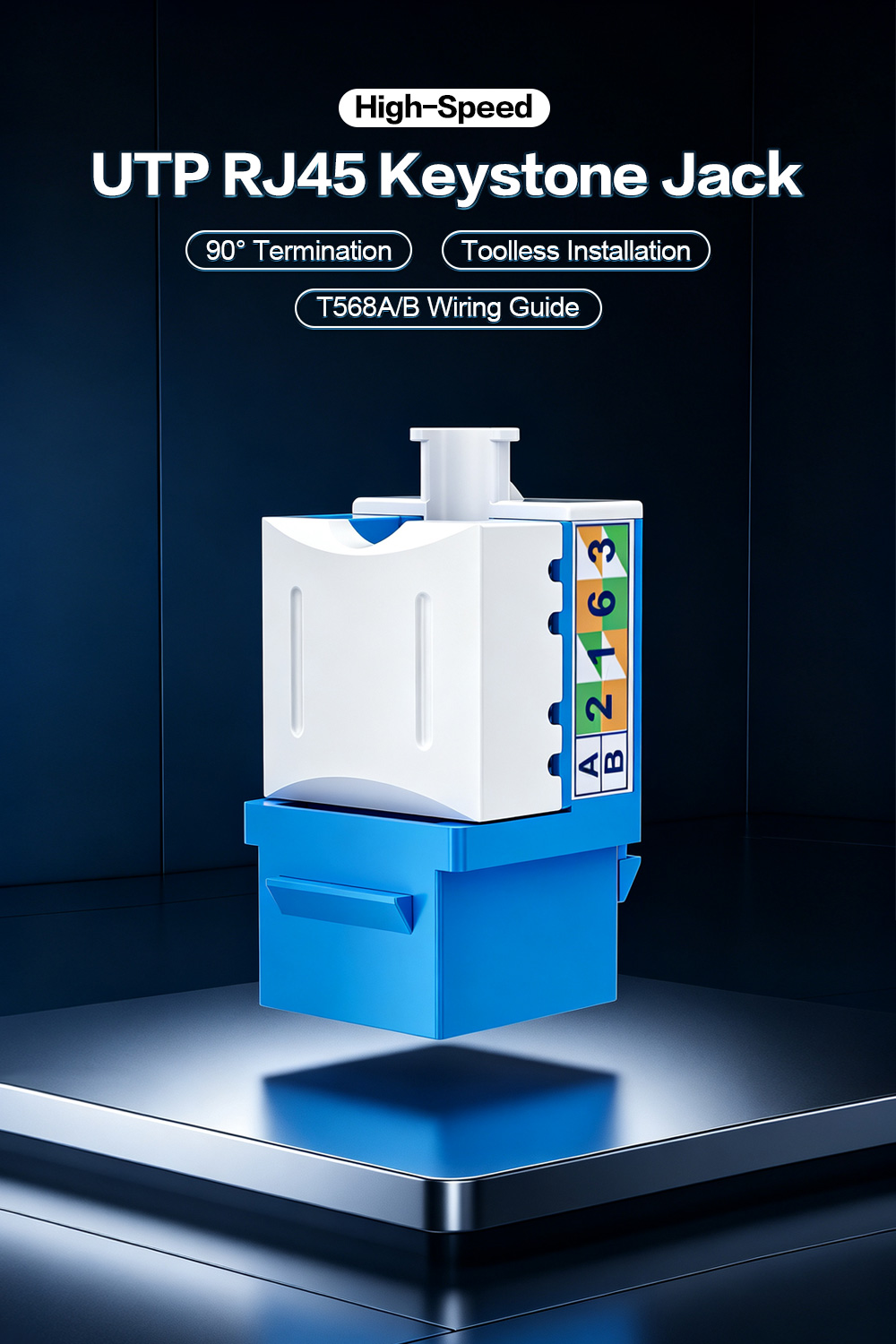 90° UTP RJ45 Keystone Jack with Side Wiring Guide